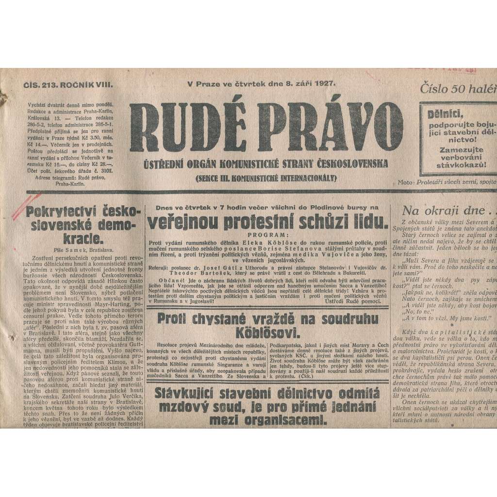 Rudé právo, ročník VIII., číslo 213. (8.9.1927). Ústřední orgán Komunistické strany Československa (1. republika, noviny)