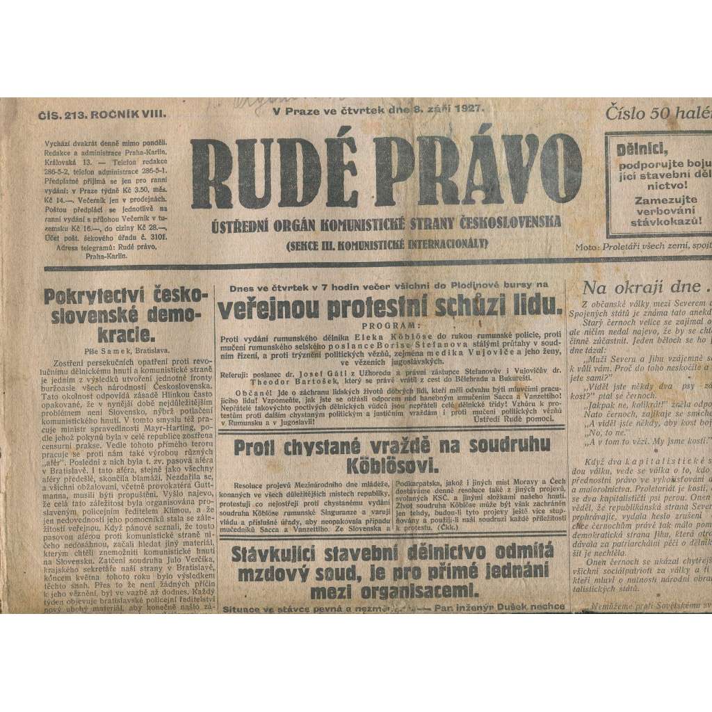 Rudé právo, ročník VIII., číslo 213. (8.9.1927). Ústřední orgán Komunistické strany Československa (1. republika, noviny)
