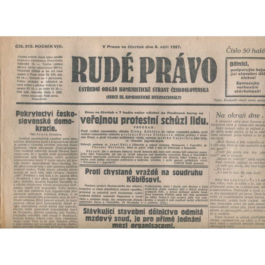 Rudé právo, ročník VIII., číslo 213. (8.9.1927). Ústřední orgán Komunistické strany Československa (1. republika, noviny)