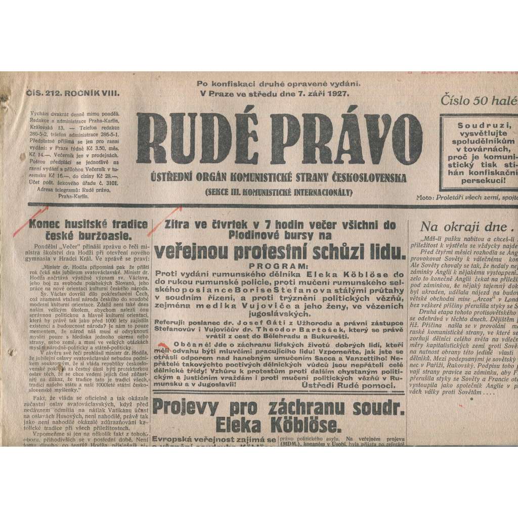 Rudé právo, ročník VIII., číslo 212. (7.9.1927). Ústřední orgán Komunistické strany Československa (1. republika, noviny)