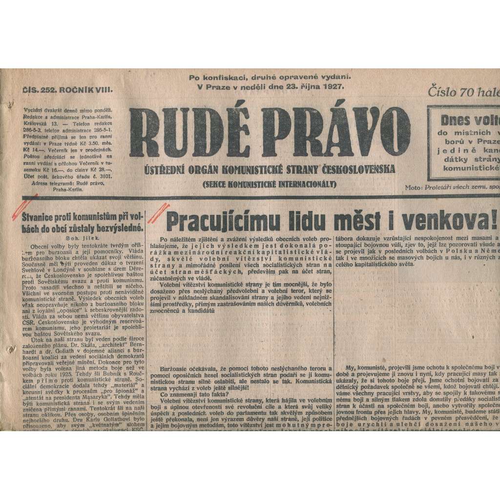 Rudé právo, ročník VIII., číslo 252. (23.10.1927). Ústřední orgán Komunistické strany Československa (1. republika, noviny)