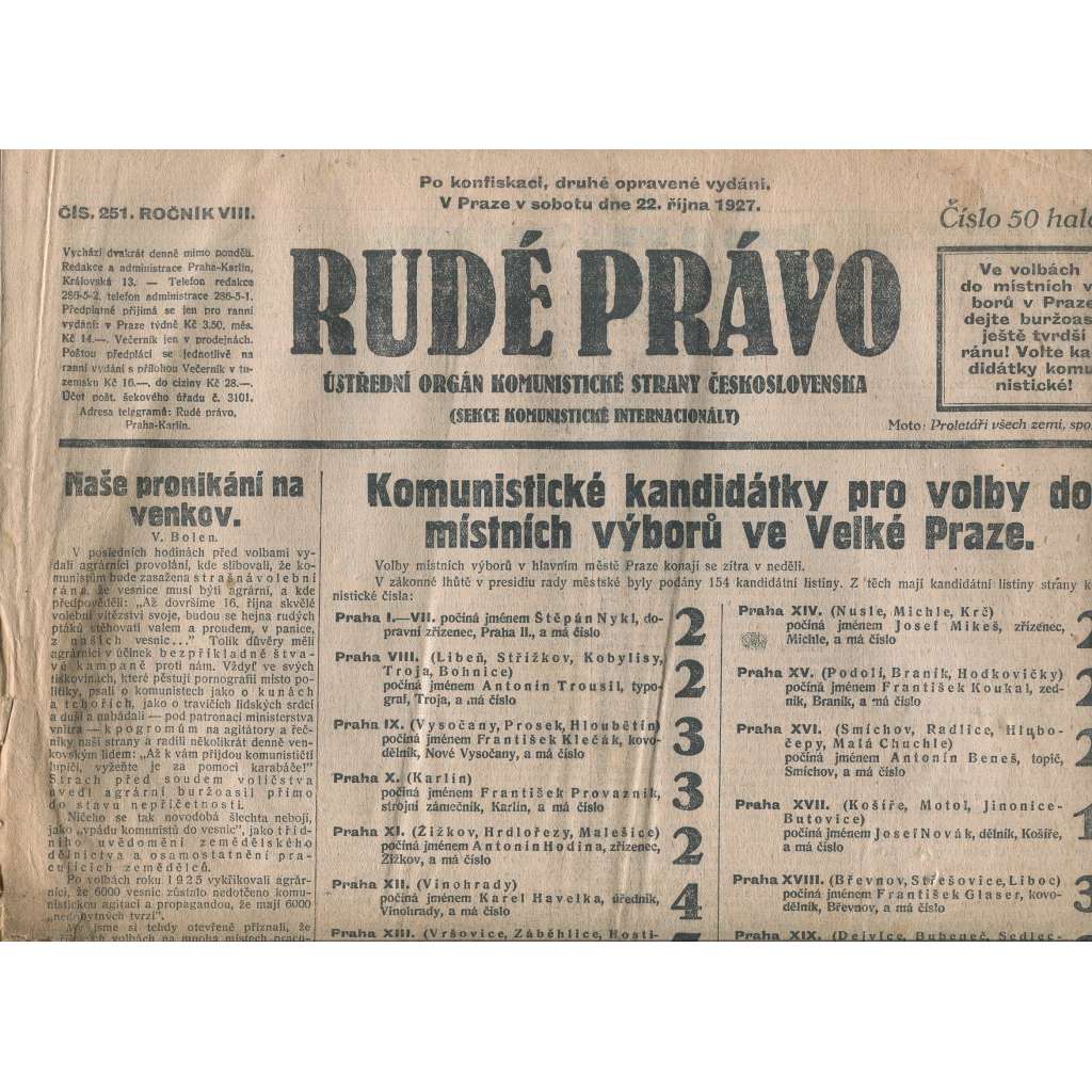 Rudé právo, ročník VIII., číslo 251. (22.10.1927). Ústřední orgán Komunistické strany Československa (1. republika, noviny)