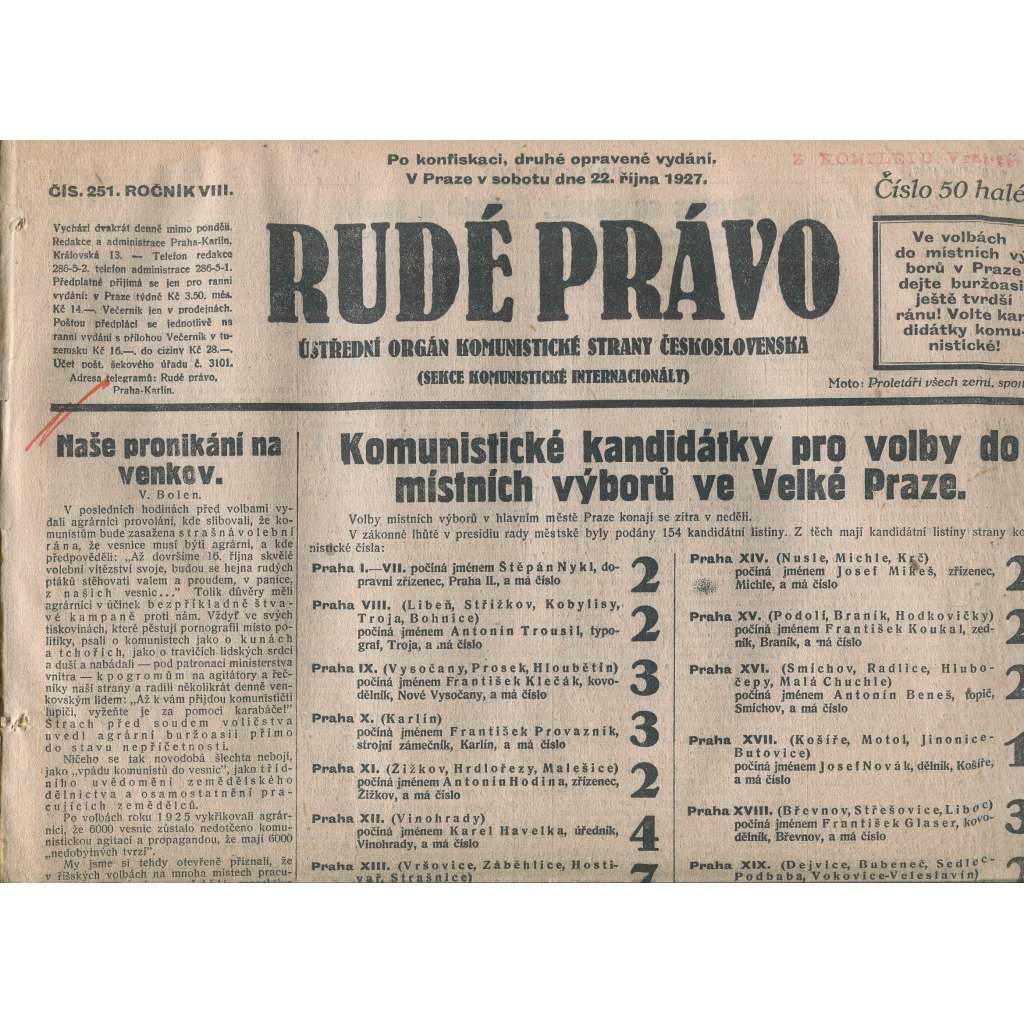 Rudé právo, ročník VIII., číslo 251. (22.10.1927). Ústřední orgán Komunistické strany Československa (1. republika, noviny)