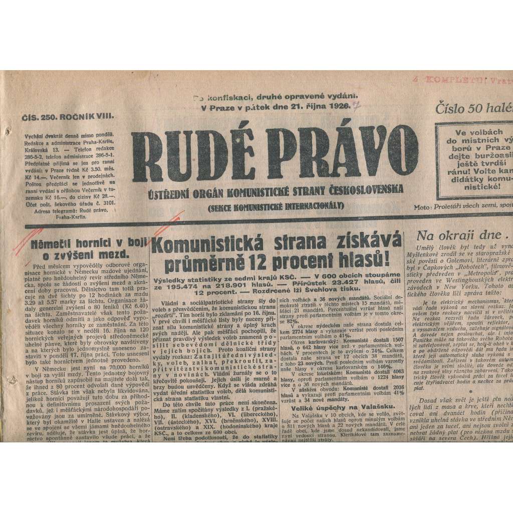 Rudé právo, ročník VIII., číslo 250. (21.10.1927). Ústřední orgán Komunistické strany Československa (1. republika, noviny)
