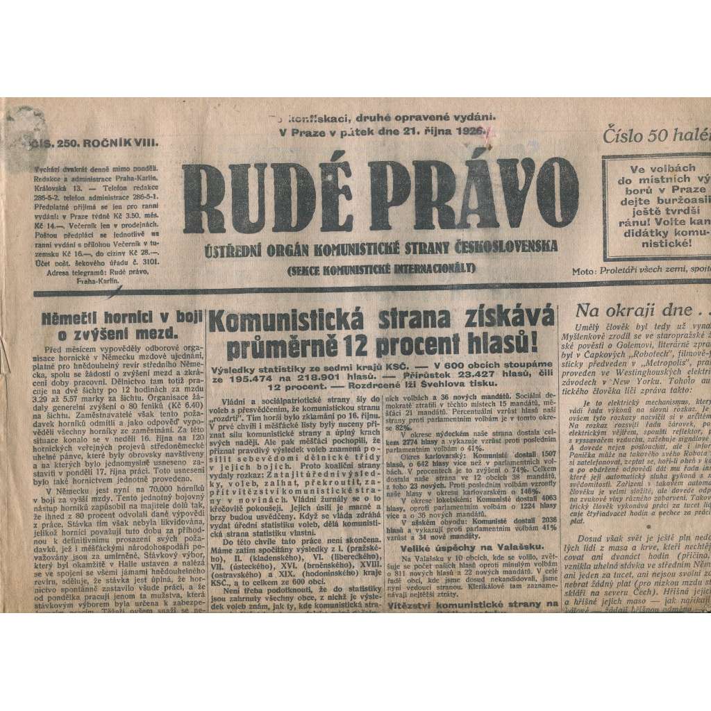 Rudé právo, ročník VIII., číslo 250. (21.10.1927). Ústřední orgán Komunistické strany Československa (1. republika, noviny)
