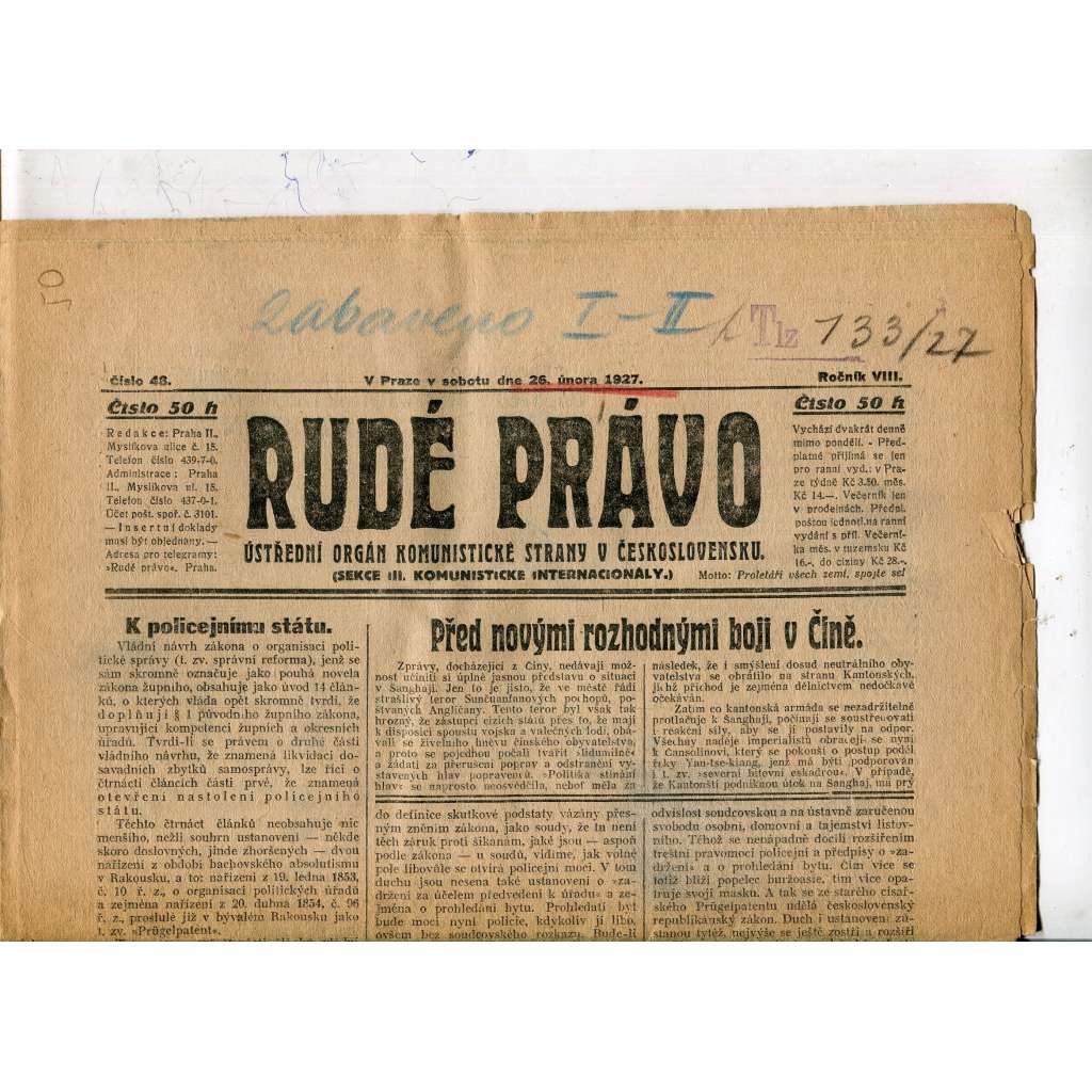 Rudé právo, ročník VIII., číslo 48. (26.2.1927). Ústřední orgán Komunistické strany Československa (1. republika, noviny)