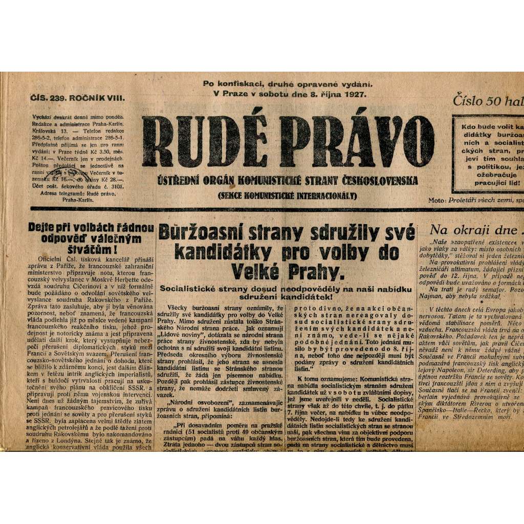 Rudé právo, ročník VIII., číslo 239. (8.10.1927). Ústřední orgán Komunistické strany Československa (1. republika, noviny)