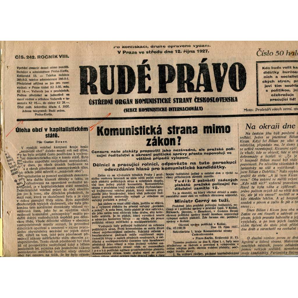 Rudé právo, ročník VIII., číslo 242. (12.10.1927). Ústřední orgán Komunistické strany Československa (1. republika, noviny)