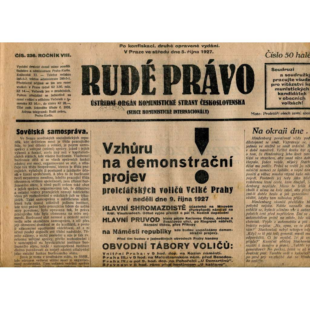 Rudé právo, ročník VIII., číslo 236. (5.10.1927). Ústřední orgán Komunistické strany Československa (1. republika, noviny)