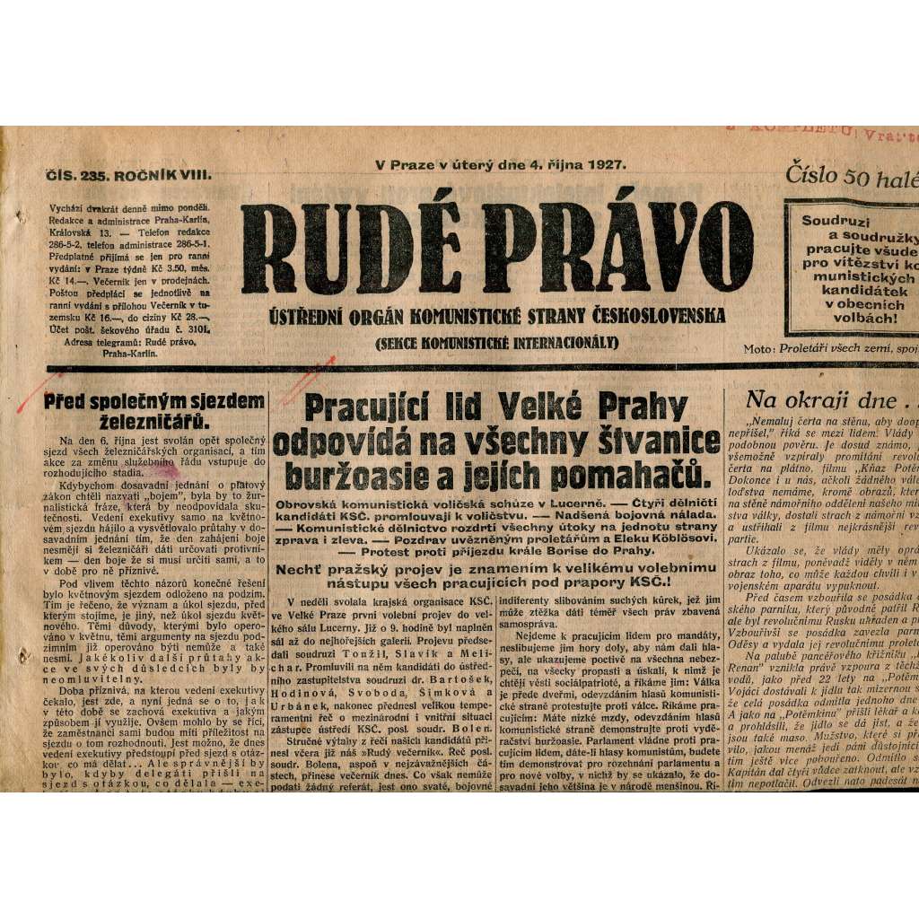 Rudé právo, ročník VIII., číslo 235. (4.10.1927). Ústřední orgán Komunistické strany Československa (1. republika, noviny)