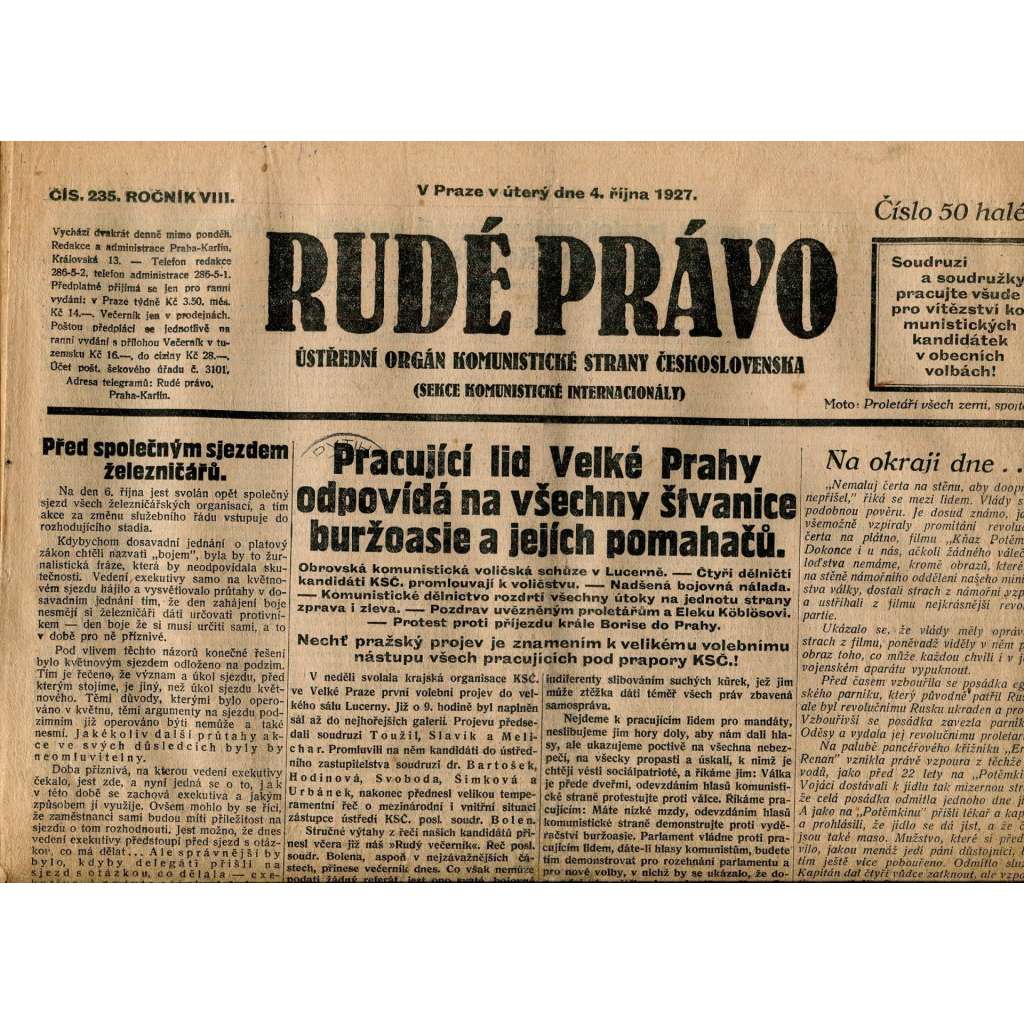 Rudé právo, ročník VIII., číslo 235. (4.10.1927). Ústřední orgán Komunistické strany Československa (1. republika, noviny)