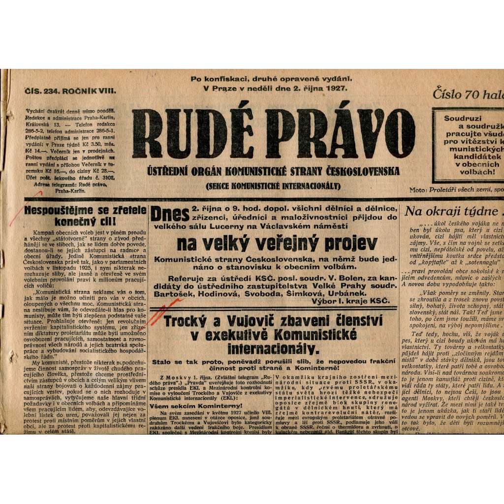 Rudé právo, ročník VIII., číslo 234. (2.10.1927). Ústřední orgán Komunistické strany Československa (1. republika, noviny)