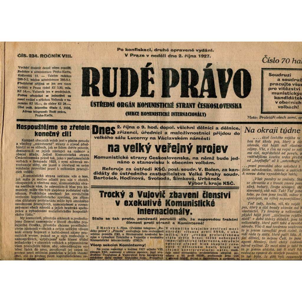 Rudé právo, ročník VIII., číslo 234. (2.10.1927). Ústřední orgán Komunistické strany Československa (1. republika, noviny)