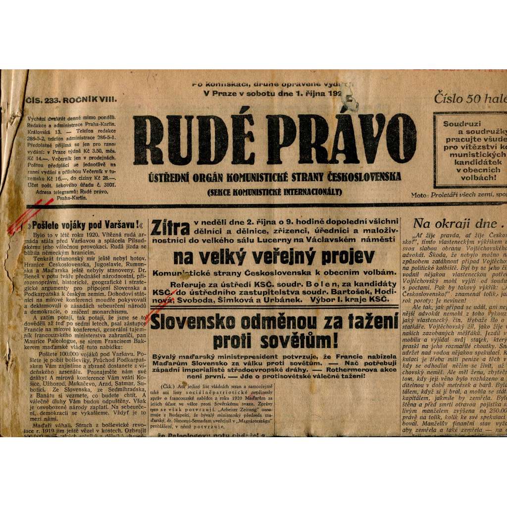 Rudé právo, ročník VIII., číslo 233. (1.10.1927). Ústřední orgán Komunistické strany Československa (1. republika, noviny)