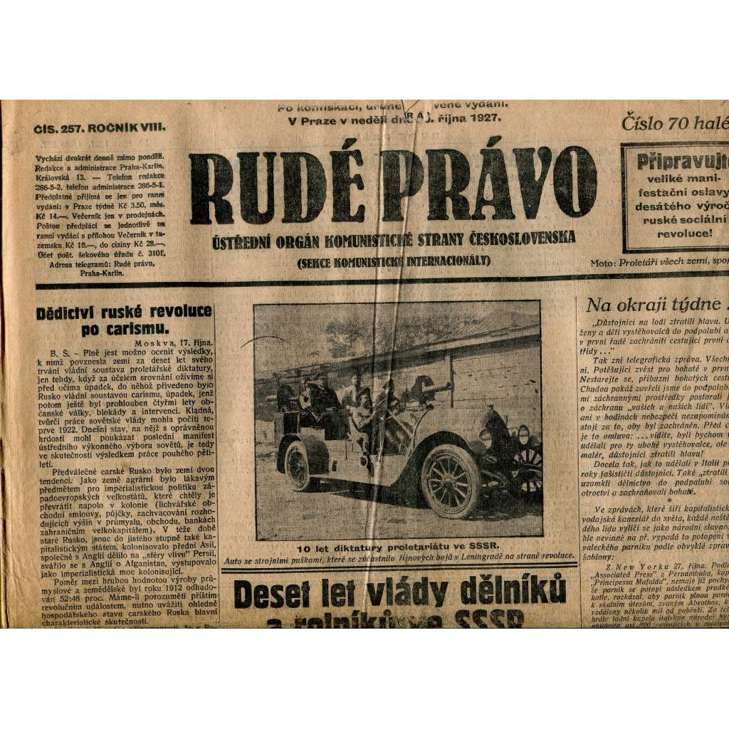 Rudé právo, ročník VIII., číslo 257. (30.10.1927). Ústřední orgán Komunistické strany Československa (1. republika, noviny)