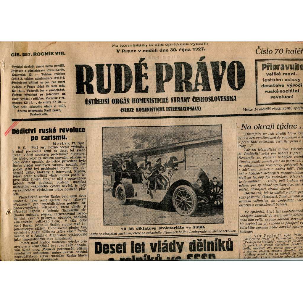 Rudé právo, ročník VIII., číslo 257. (30.10.1927). Ústřední orgán Komunistické strany Československa (1. republika, noviny)