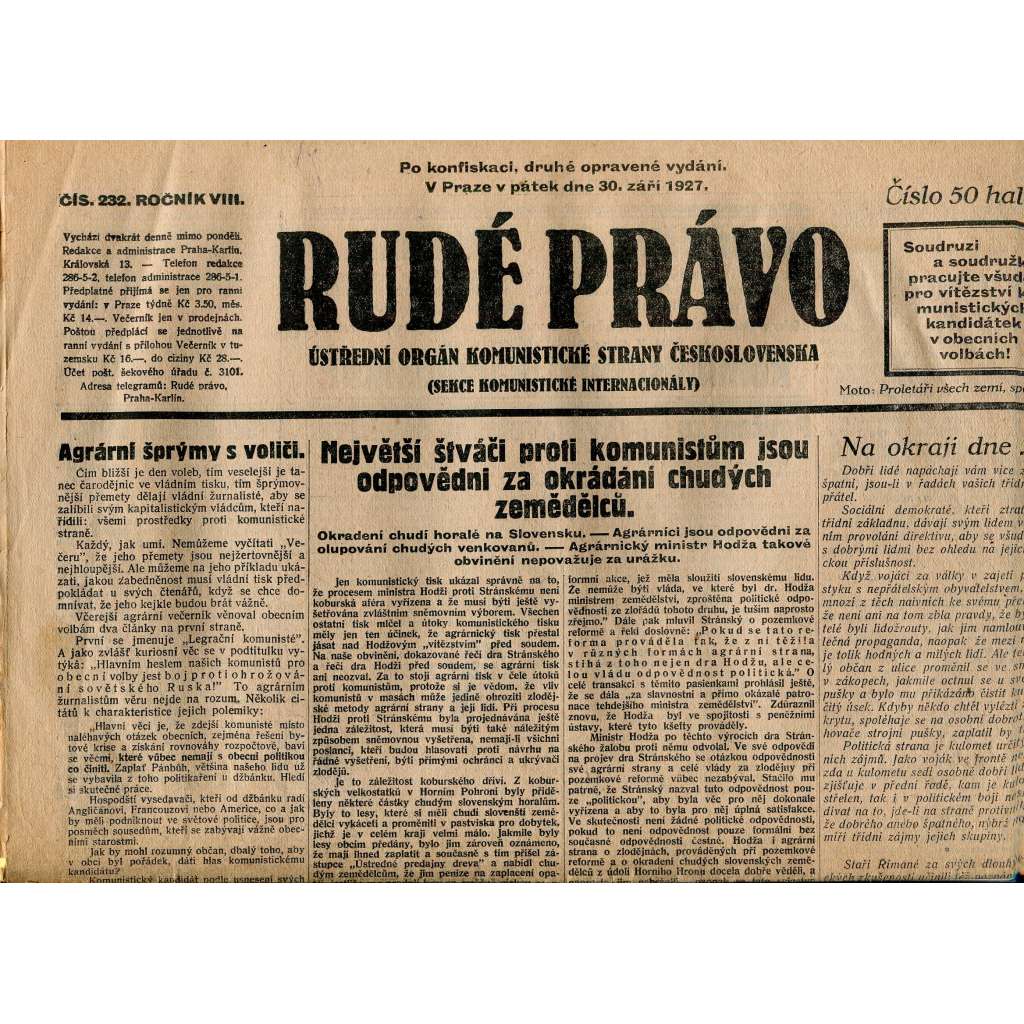 Rudé právo, ročník VIII., číslo 232. (30.9.1927). Ústřední orgán Komunistické strany Československa (1. republika, noviny)