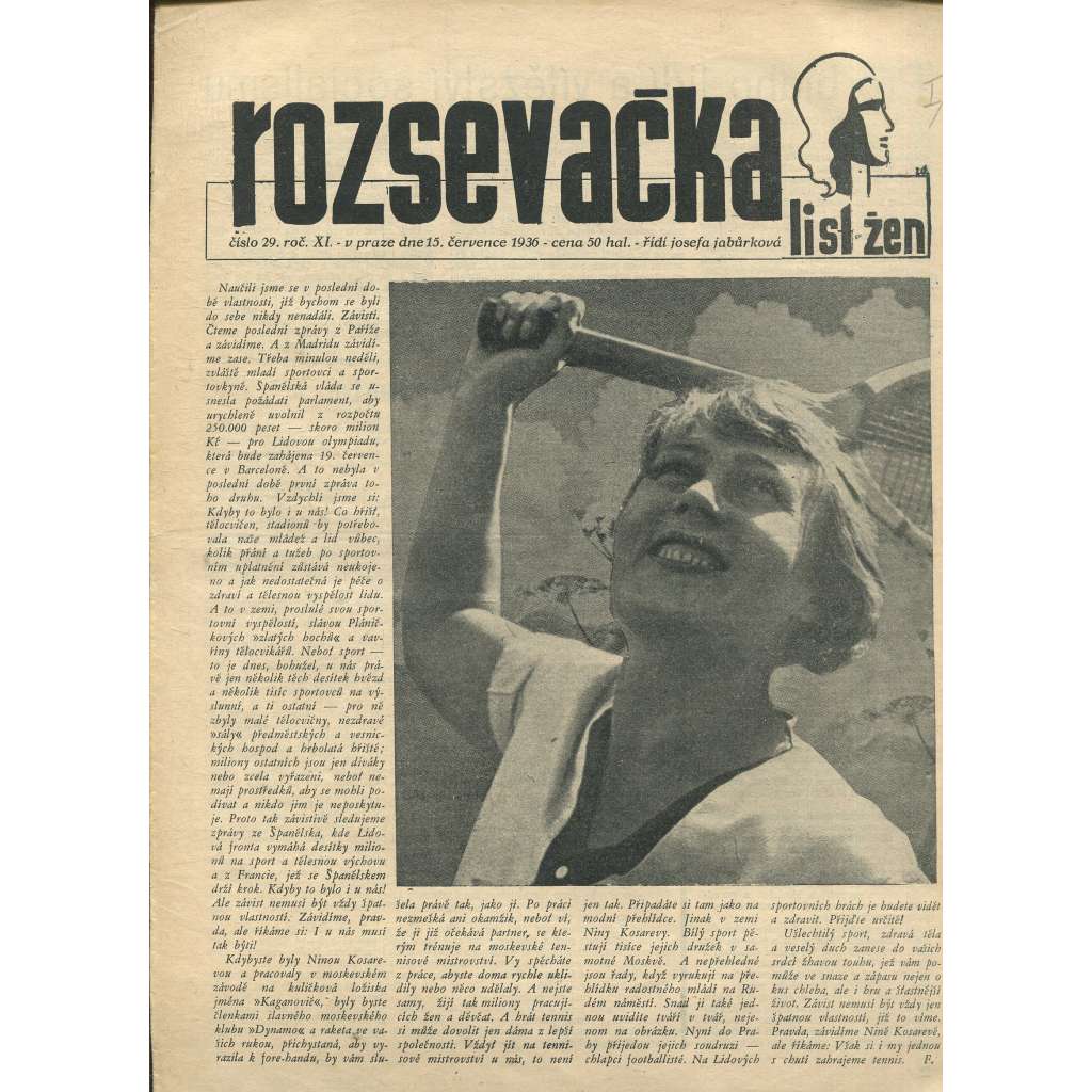 Rozsevačka, ročník XI., číslo 29/1936. List žen (časopis, 1. republika, noviny)