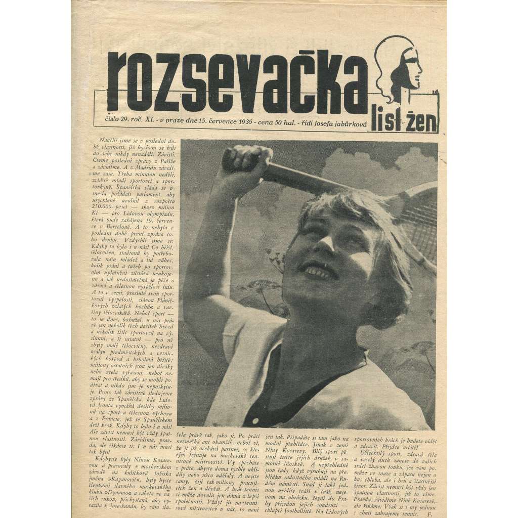 Rozsevačka, ročník XI., číslo 29/1936. List žen (časopis, 1. republika, noviny)