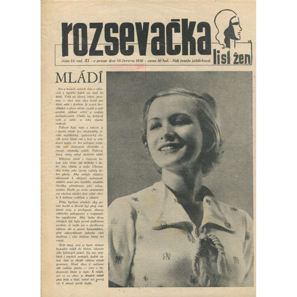 Rozsevačka, ročník XI., číslo 24/1936. List žen (časopis, 1. republika, noviny)