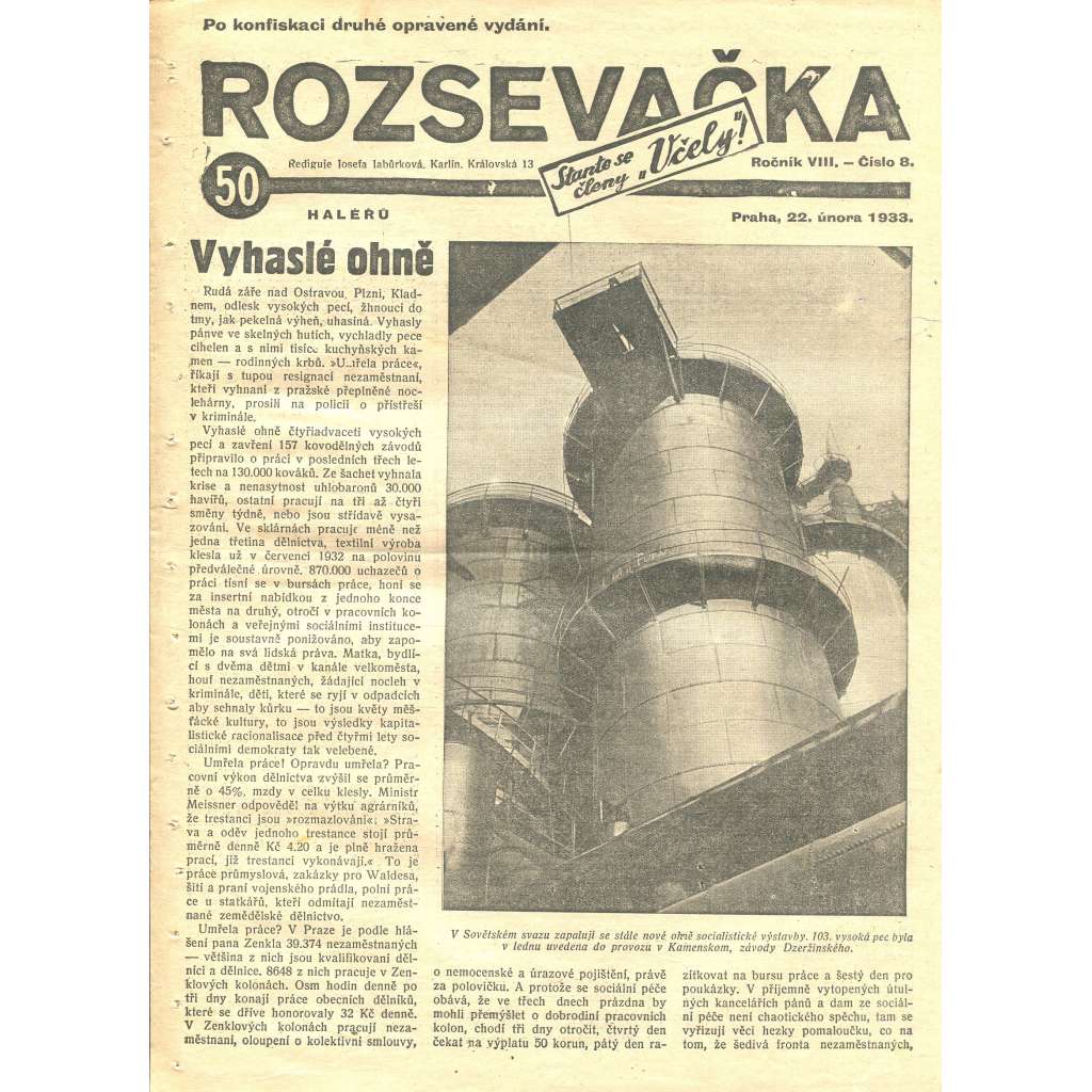 Rozsevačka, ročník VIII., číslo 8/1933 (časopis, 1. republika, noviny)
