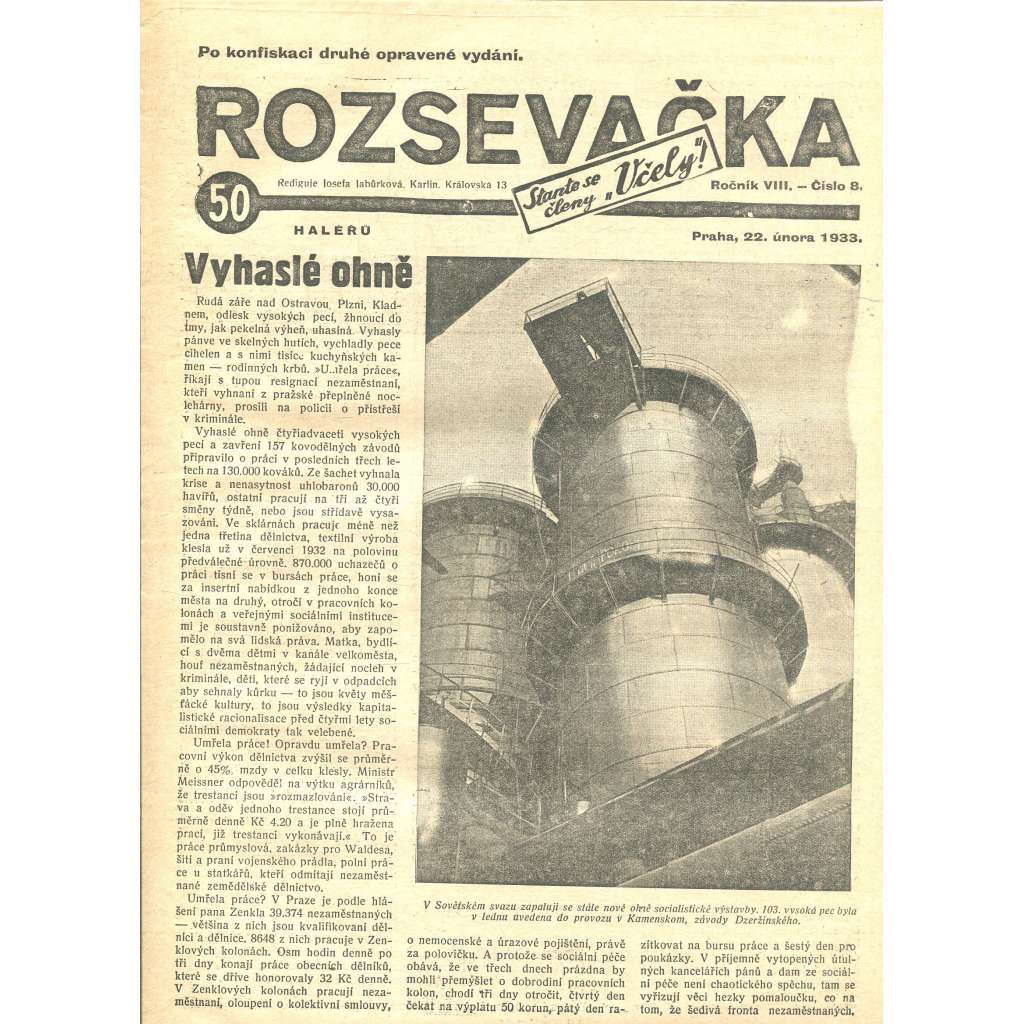 Rozsevačka, ročník VIII., číslo 8/1933 (časopis, 1. republika, noviny)