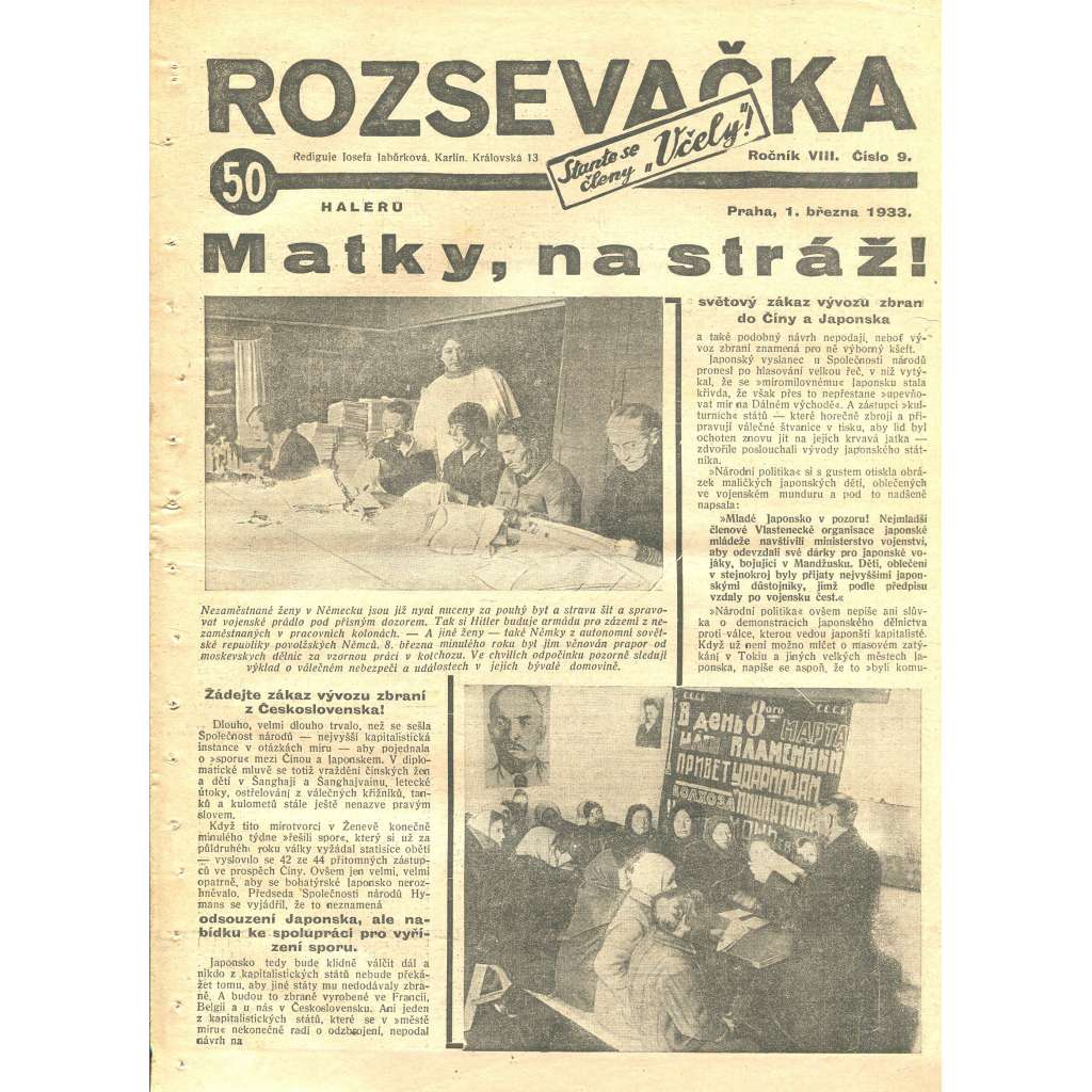 Rozsevačka, ročník VIII., číslo 9/1933 (časopis, 1. republika, noviny)