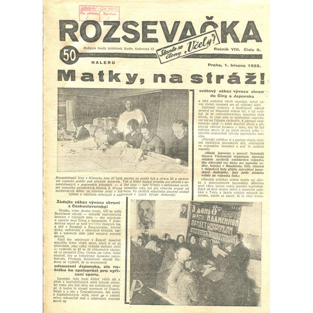 Rozsevačka, ročník VIII., číslo 9/1933 (časopis, 1. republika, noviny)