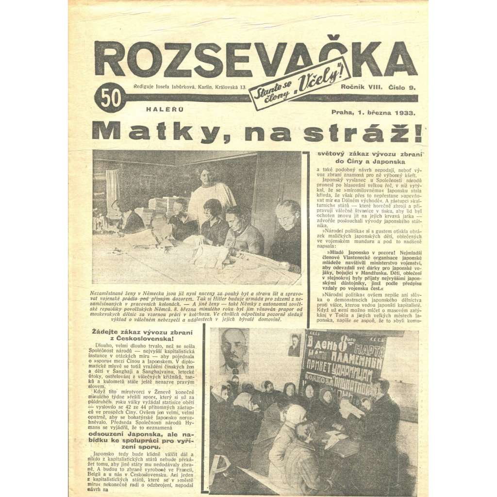 Rozsevačka, ročník VIII., číslo 9/1933 (časopis, 1. republika, noviny)