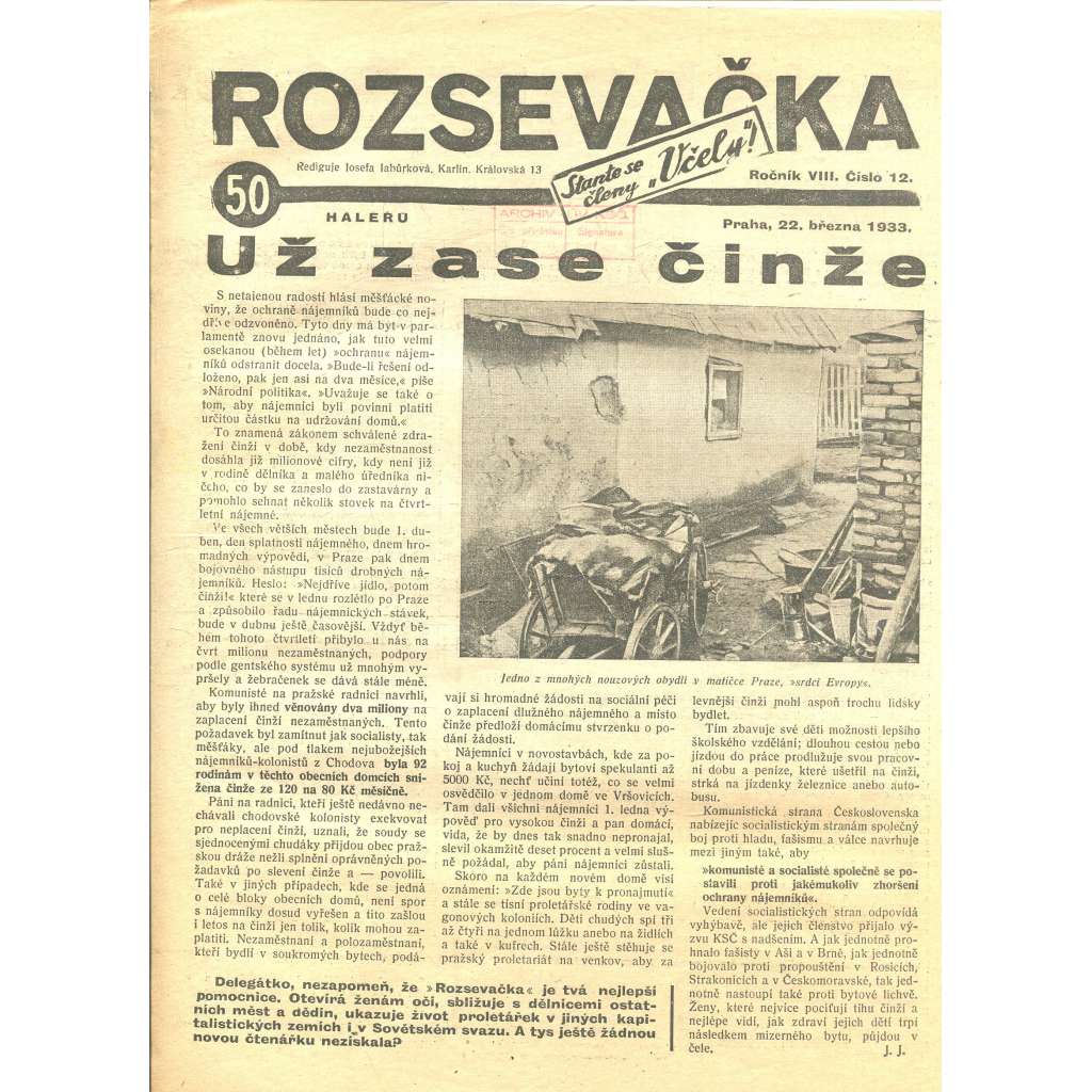 Rozsevačka, ročník VIII., číslo 12/1933 (časopis, 1. republika, noviny)