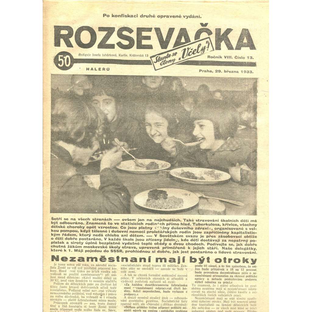 Rozsevačka, ročník VIII., číslo 13/1933 (časopis, 1. republika, noviny)