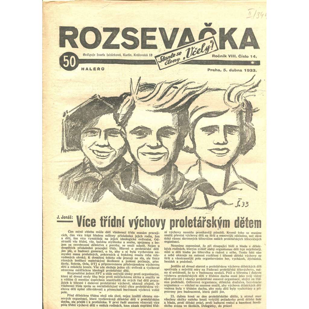 Rozsevačka, ročník VIII., číslo 14/1933 (časopis, 1. republika, noviny)