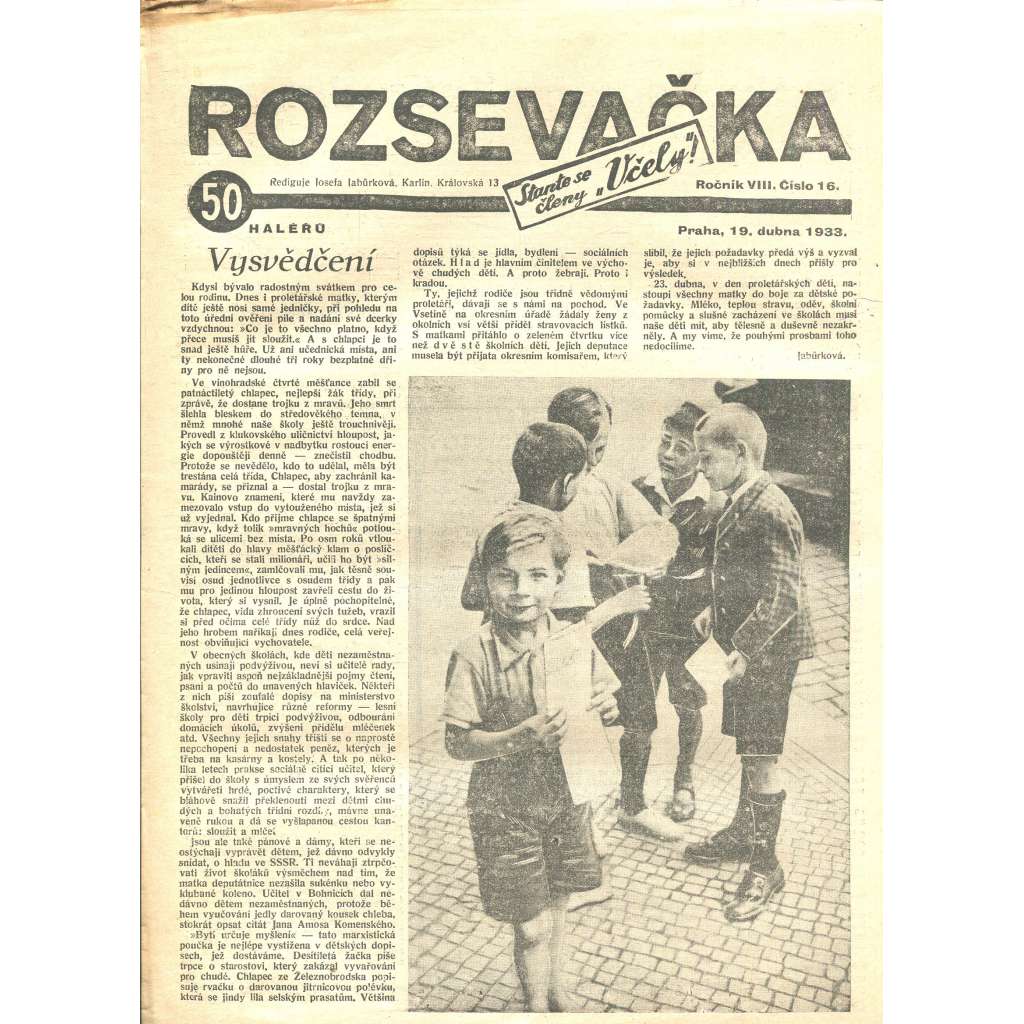 Rozsevačka, ročník VIII., číslo 16/1933 (časopis, 1. republika, noviny)