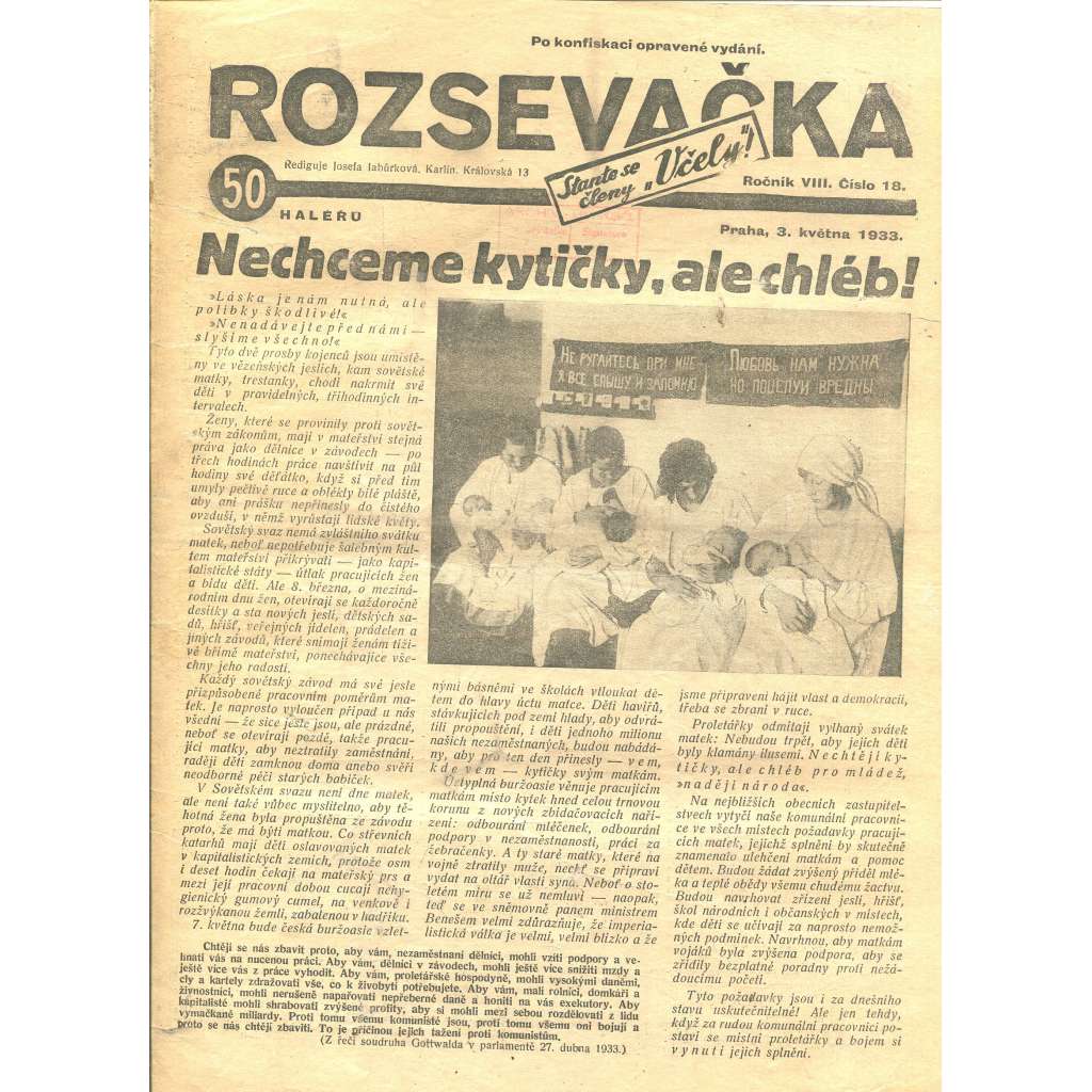 Rozsevačka, ročník VIII., číslo 18/1933 (časopis, 1. republika, noviny)