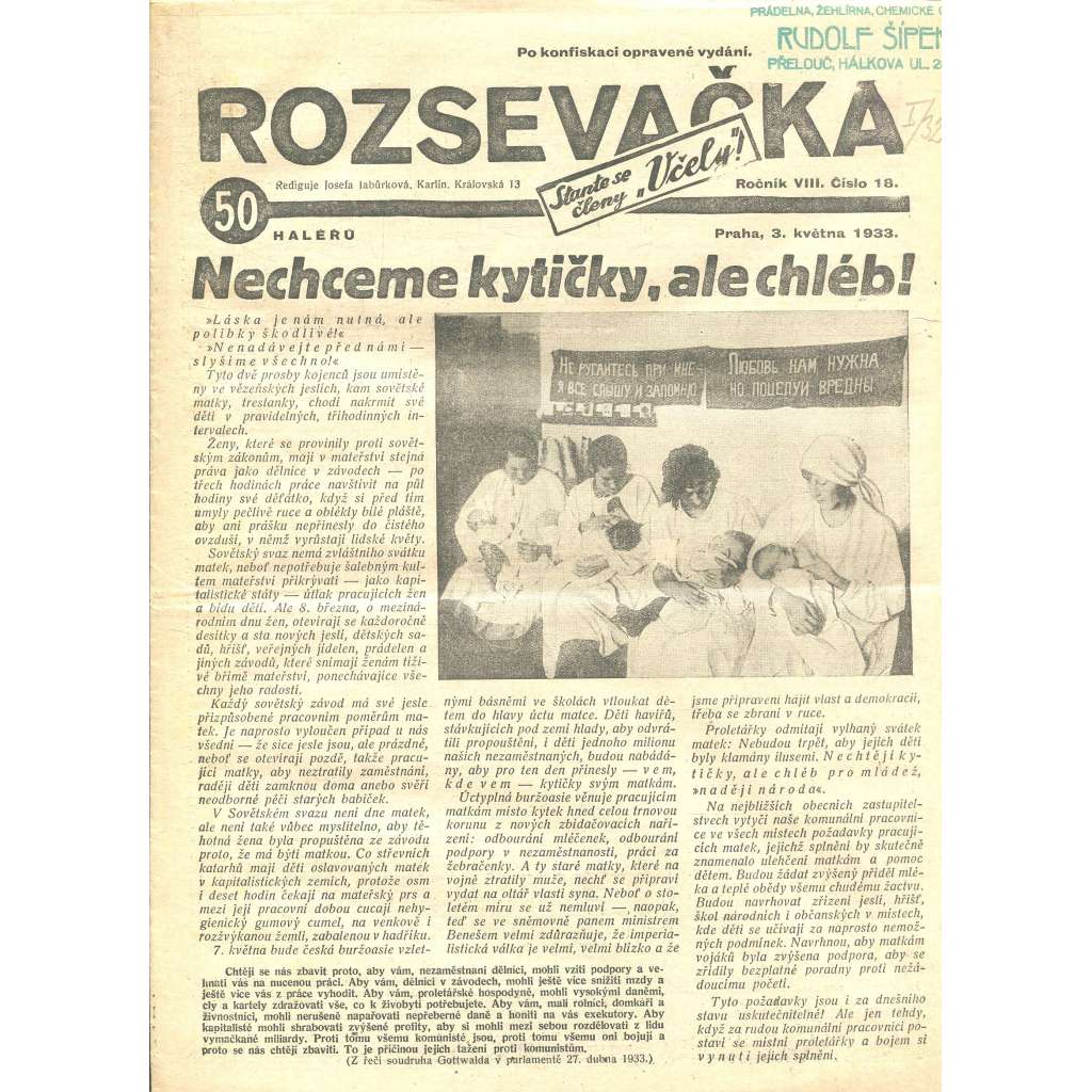 Rozsevačka, ročník VIII., číslo 18/1933 (časopis, 1. republika, noviny)
