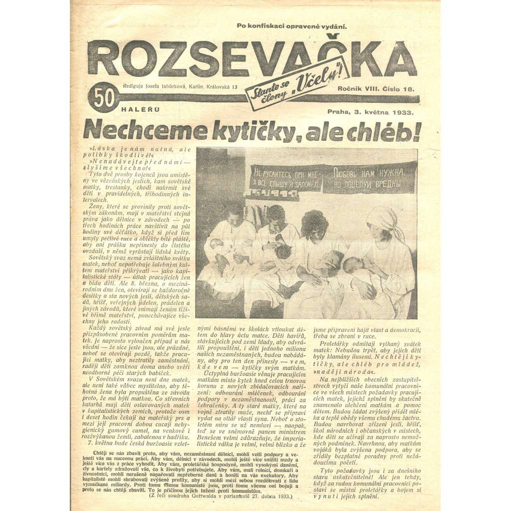 Rozsevačka, ročník VIII., číslo 18/1933 (časopis, 1. republika, noviny)