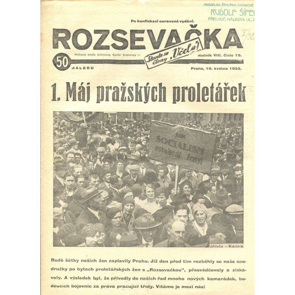 Rozsevačka, ročník VIII., číslo 19/1933 (časopis, 1. republika, noviny)