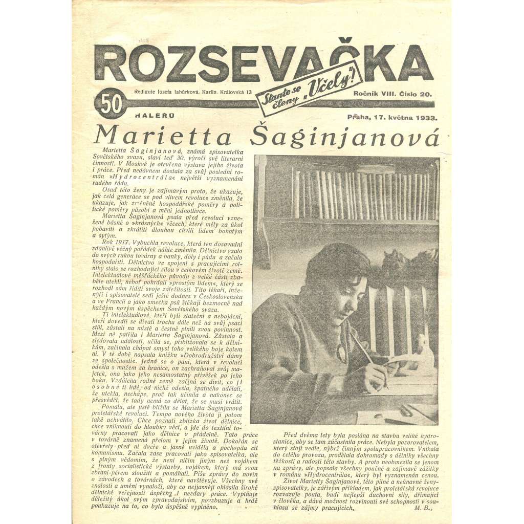 Rozsevačka, ročník VIII., číslo 20/1933 (časopis, 1. republika, noviny)