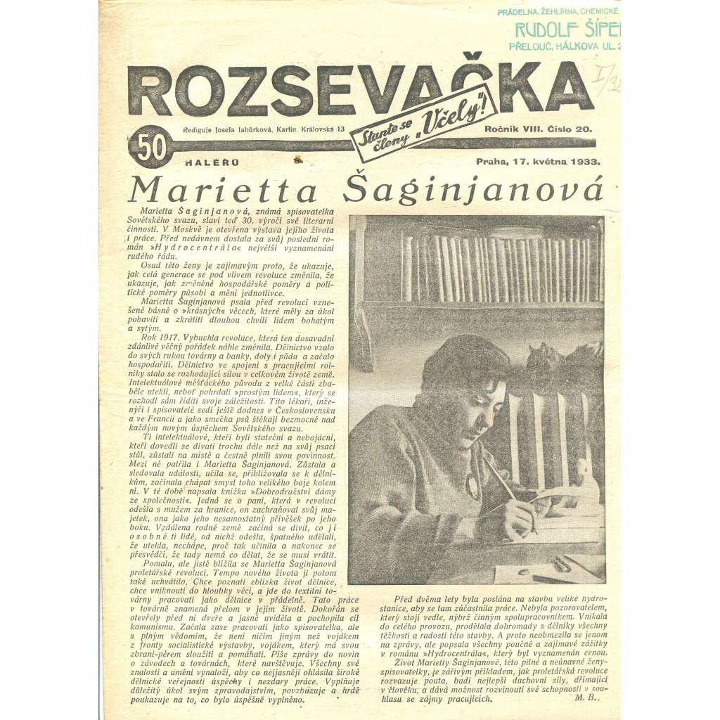 Rozsevačka, ročník VIII., číslo 20/1933 (časopis, 1. republika, noviny)