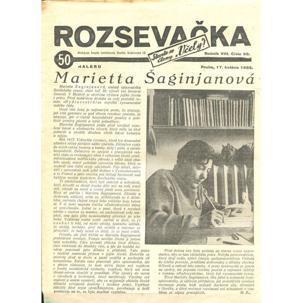 Rozsevačka, ročník VIII., číslo 20/1933 (časopis, 1. republika, noviny)