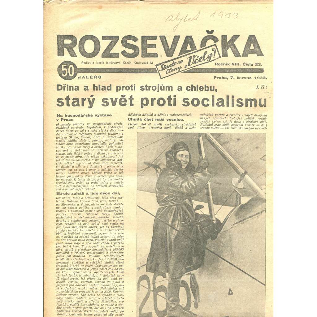 Rozsevačka, ročník VIII., číslo 23/1933 (časopis, 1. republika, noviny)