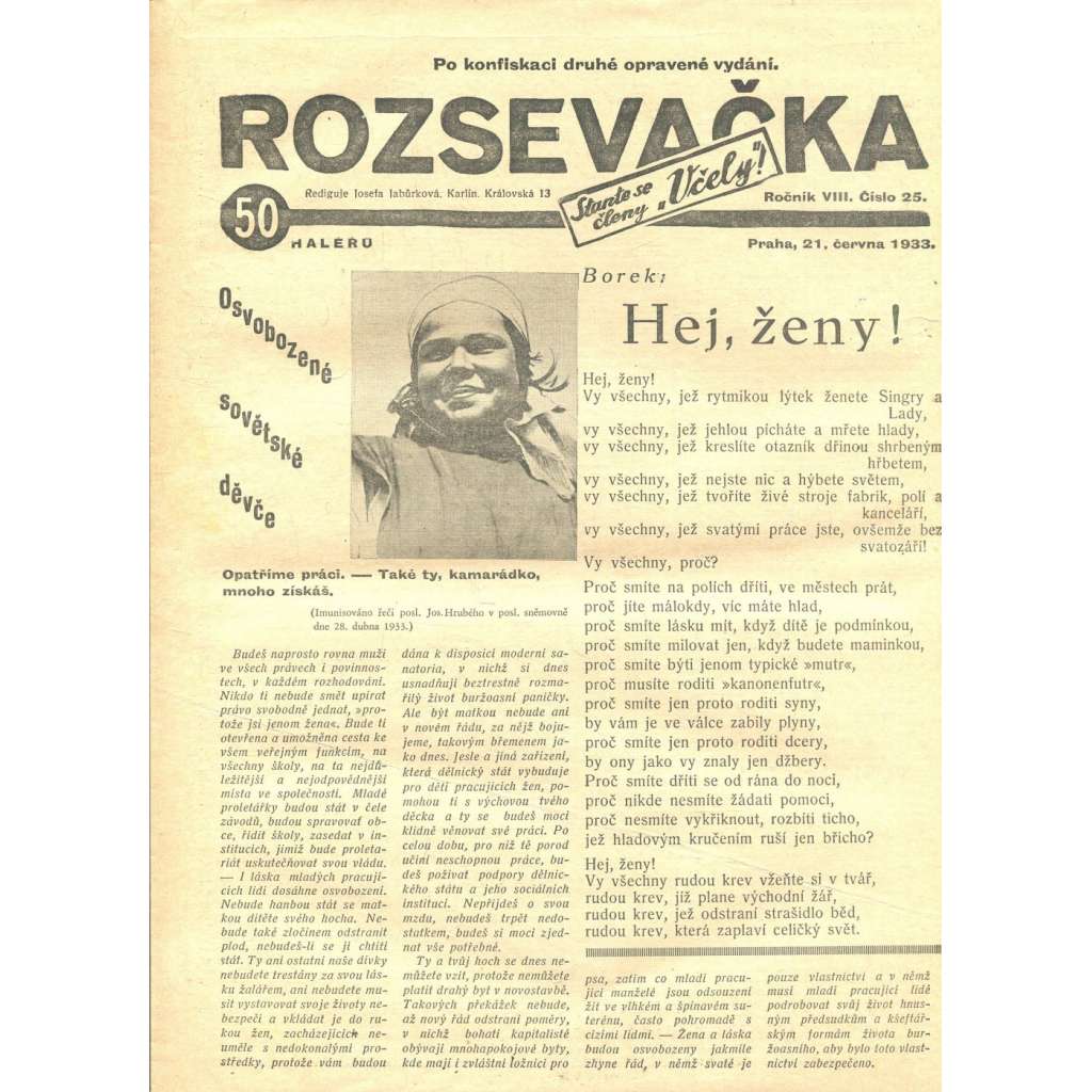 Rozsevačka, ročník VIII., číslo 25/1933 (časopis, 1. republika, noviny)