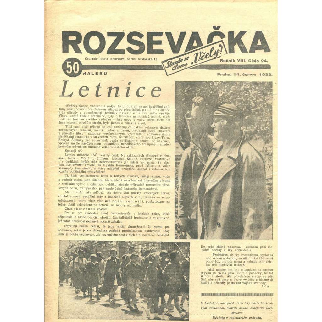 Rozsevačka, ročník VIII., číslo 24/1933 (časopis, 1. republika, noviny)