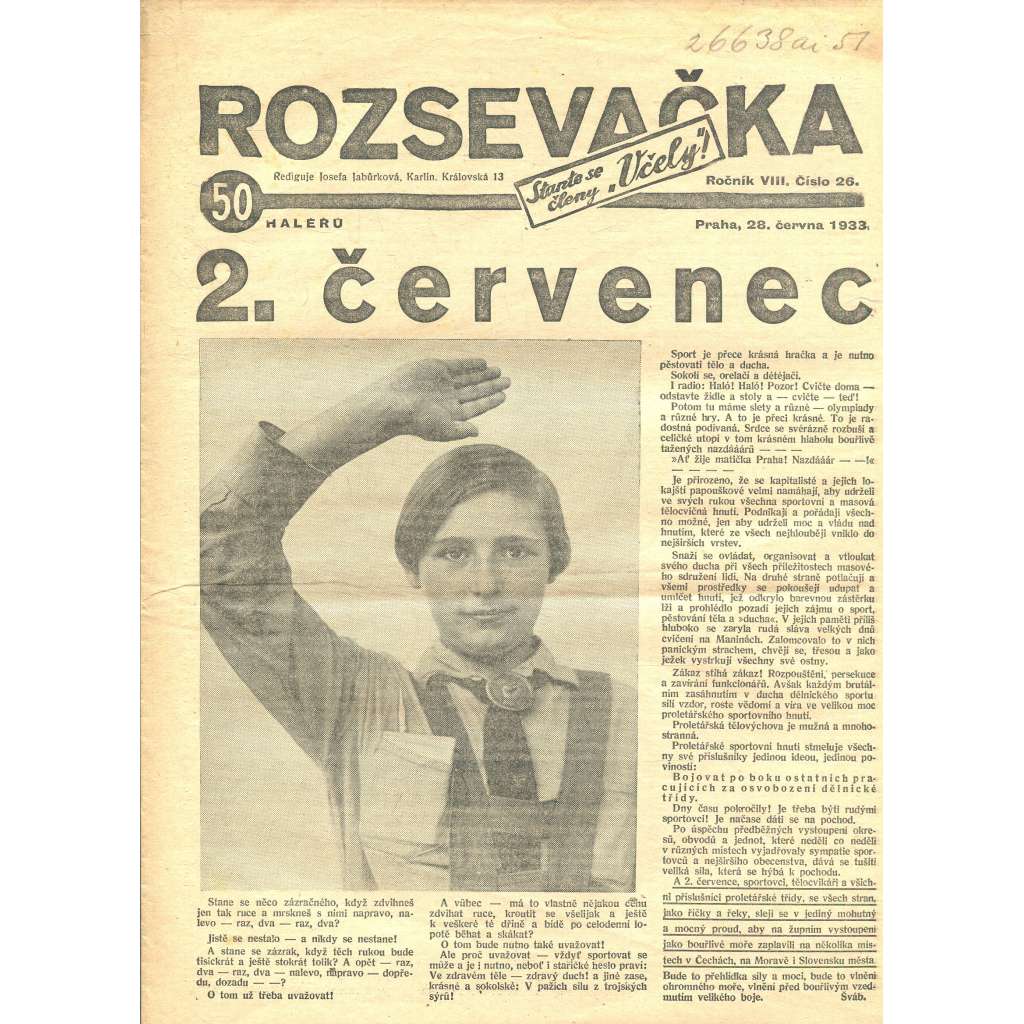 Rozsevačka, ročník VIII., číslo 26/1933 (časopis, 1. republika, noviny)