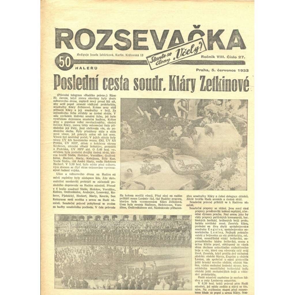 Rozsevačka, ročník VIII., číslo 27/1933 (časopis, 1. republika, noviny)