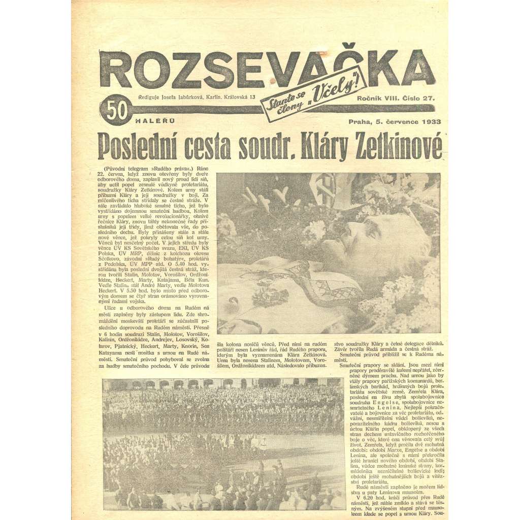 Rozsevačka, ročník VIII., číslo 27/1933 (časopis, 1. republika, noviny)