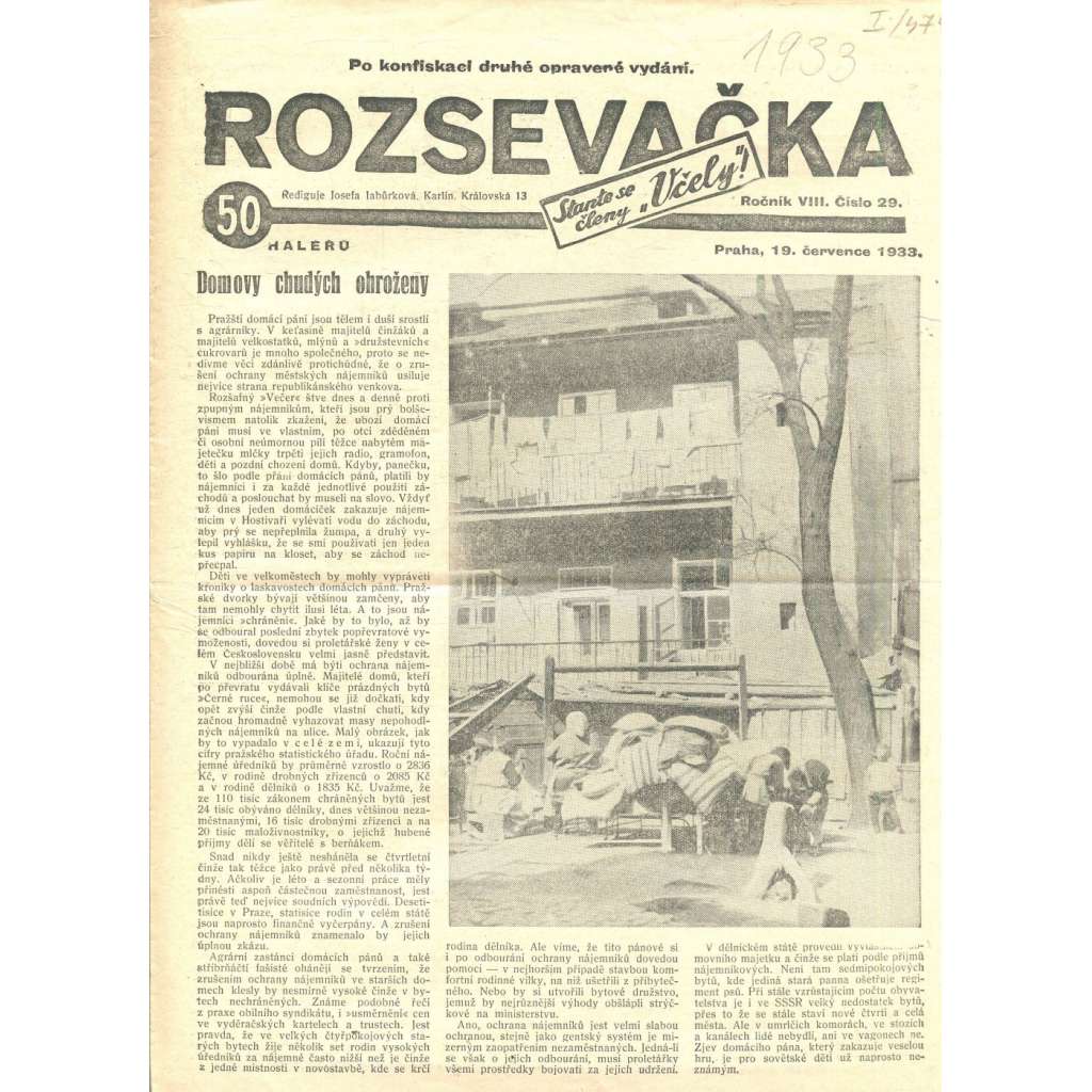 Rozsevačka, ročník VIII., číslo 29/1933 (časopis, 1. republika, noviny)