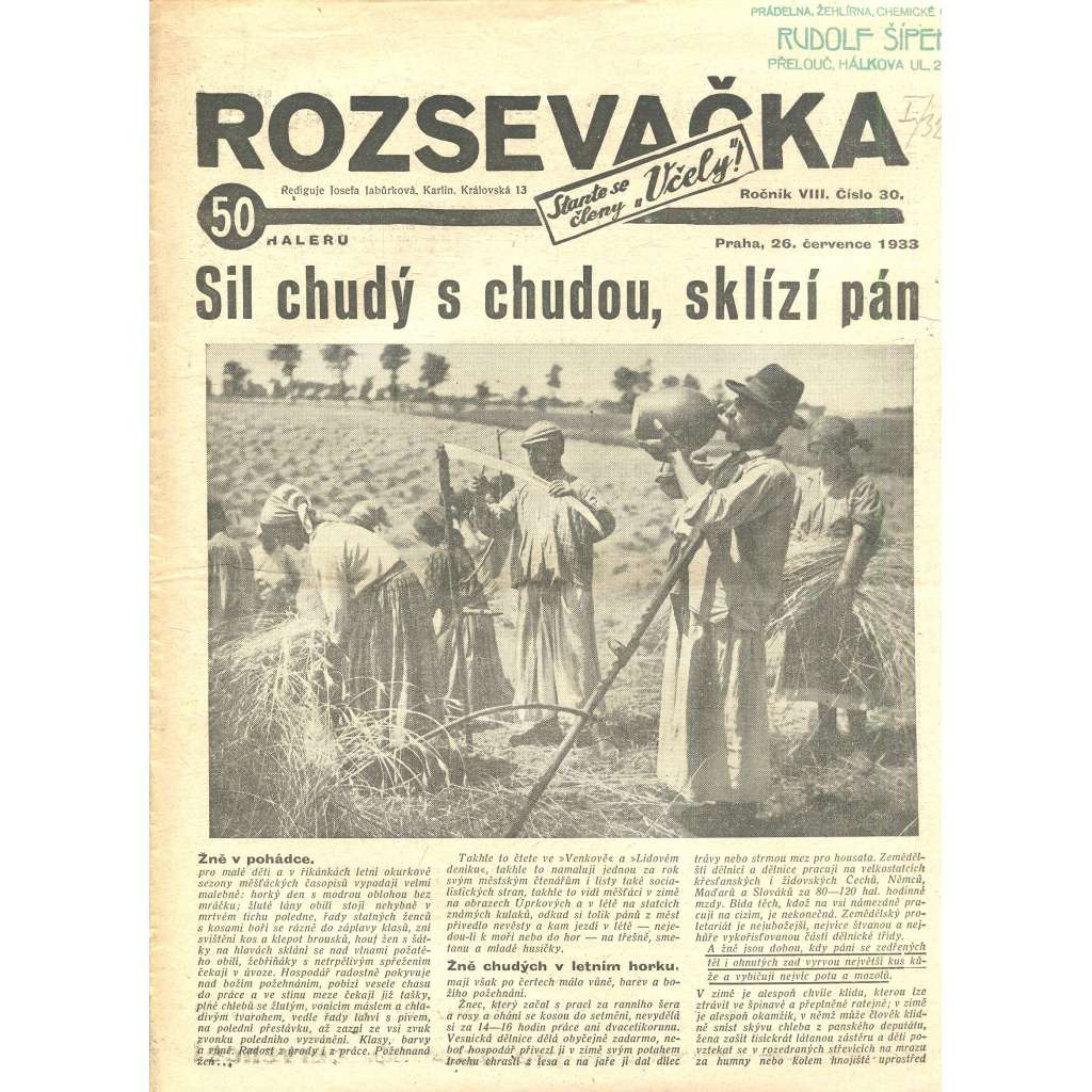 Rozsevačka, ročník VIII., číslo 30/1933 (časopis, 1. republika, noviny)