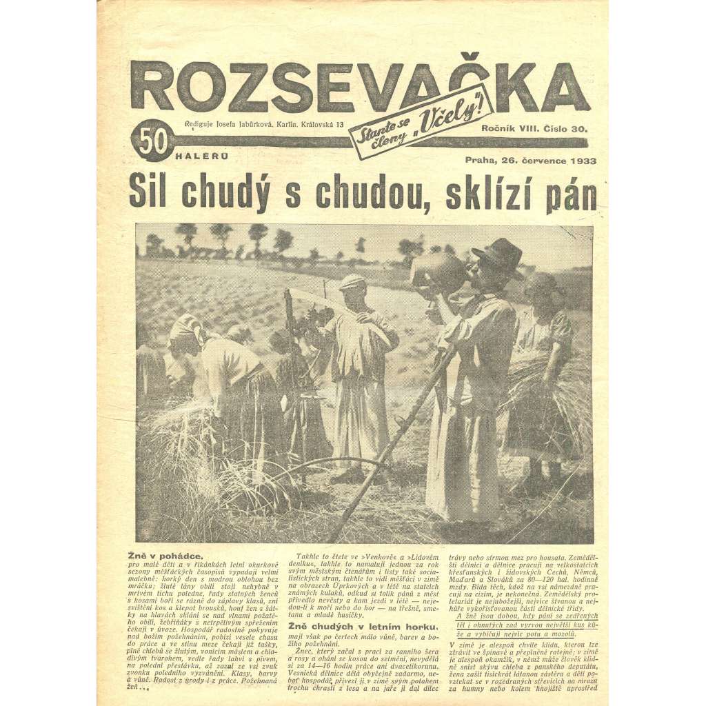 Rozsevačka, ročník VIII., číslo 30/1933 (časopis, 1. republika, noviny)