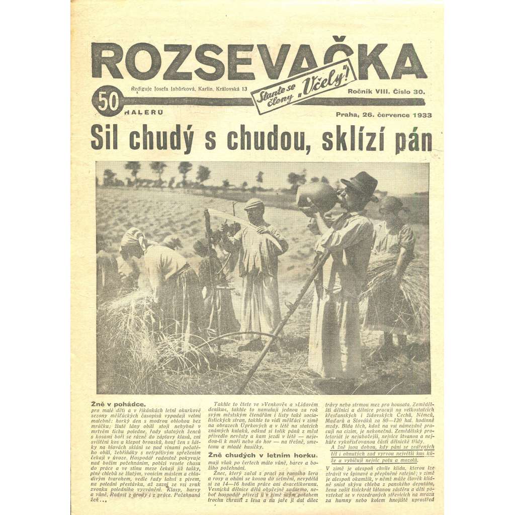 Rozsevačka, ročník VIII., číslo 30/1933 (časopis, 1. republika, noviny)
